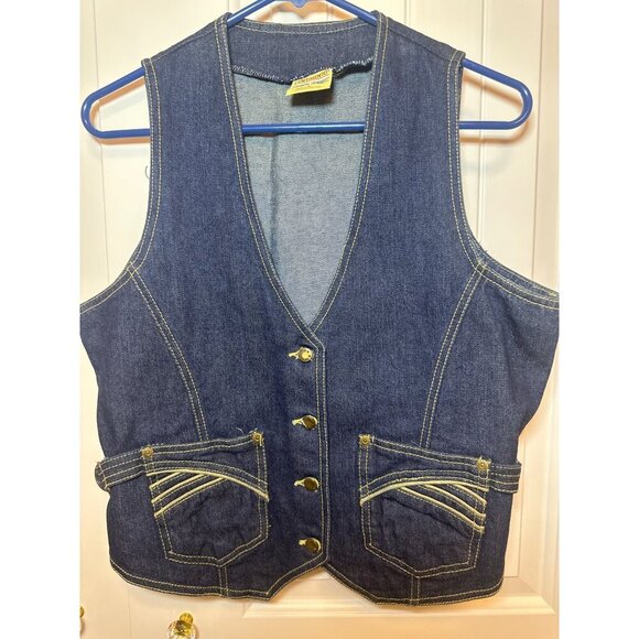 Vintage Pentimento Denim Vest With Snap Buttons & Yellow Stitch Dual Pockets, L - Picture 6 of 9